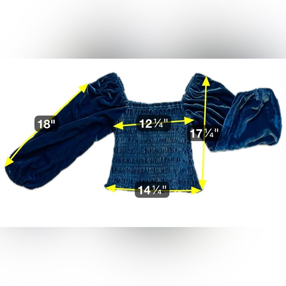 Anthropologie Women's Blue Velvet Smocked Puff Sleeve Blouse Cropped Fairy XS - Picture 6 of 10